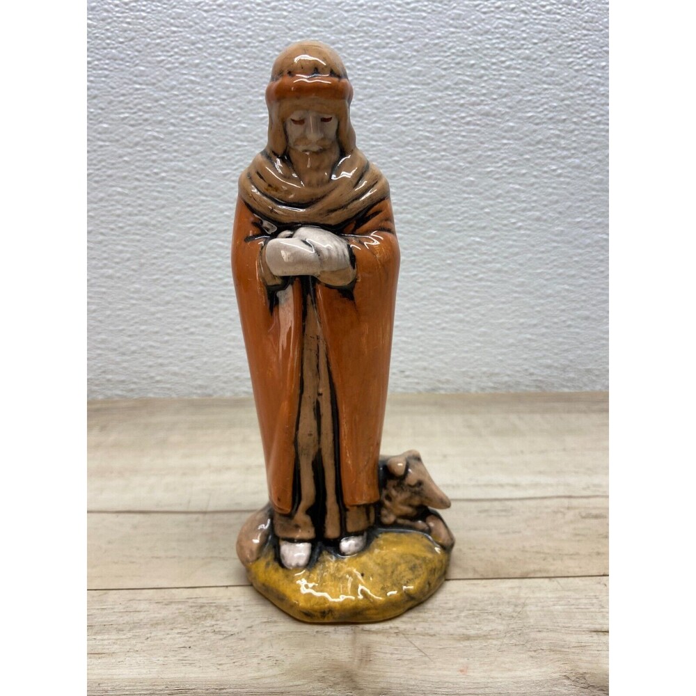 Vtg Unbranded Ceramic Nativity Figurine Standing Shepherd With Dog